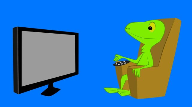 2d animated character of  A cute green lizard or snake or Oscar sitting on the living room sofa at home watching TV and changing the channel and network with the TV control. in green screen 