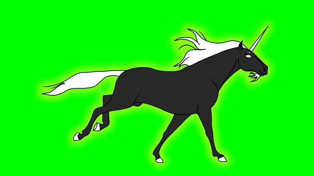 2d animated character of  A black horse with white hair, a smart war horse with a beautiful horn, running in the nature and walking in an animated cycle loop. in green screen background 