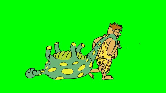 2d animated character of  A caveman who has hunted a giant green dinosaur and carries it to grill for lunch or dinner  . in green screen background chroma key.