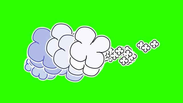 2d animated character of  Production of massive black and white smoke of a train or car or factory or ship in the form of a cloud  . in green screen background chroma key.