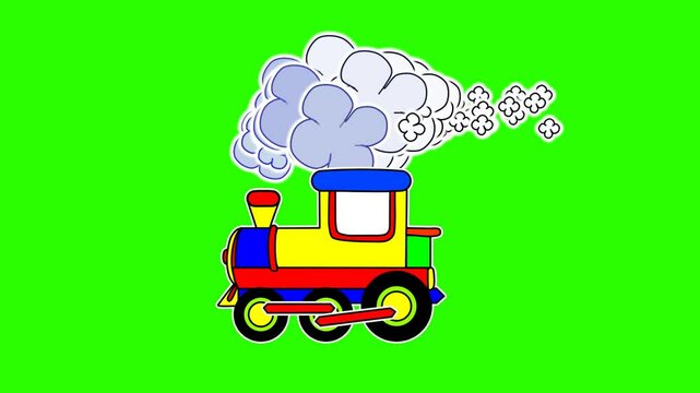 2d animated character of  The movement and movement of a passenger or cargo train without wagons and creating massive black and white smoke  . in green screen background chroma key.