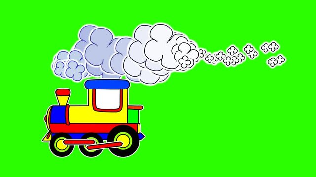 2d animated character of  The movement and movement of a passenger or cargo train without wagons and creating massive black and white smoke  . in green screen background chroma key.