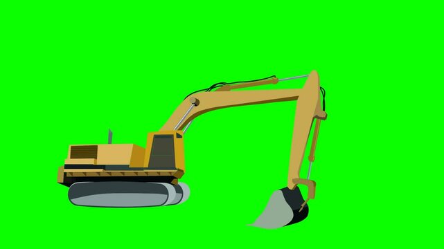 2d animated character of  Big excavator digging or digging the ground or carrying soil or moving sand and stone in construction building  . in green screen background chroma key.
