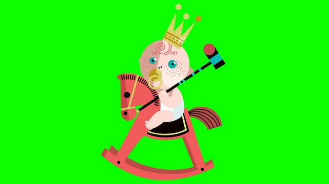 2d animated character of  A child sitting in a rocking chair in the shape of a horse and sucking a pacifier, with a crown and wooden hammer  . in green screen background chroma key.