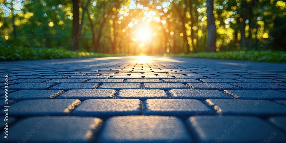 Poster a pathway through a green forest, bathed in the golden light of the setting sun, with a cobblestone 