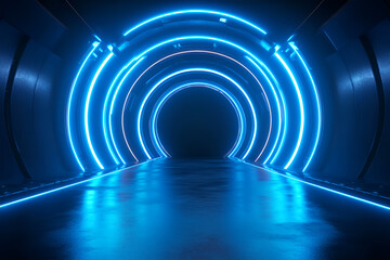 Obraz premium Dark tunnel with blue light lines in the form of an arch