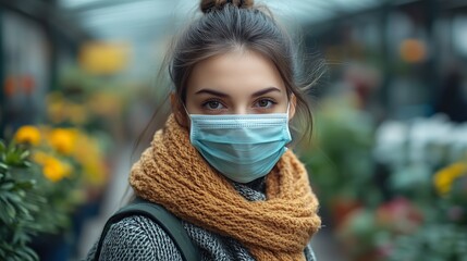 young woman with face masks outdoors shopping in garden center corona virus concept