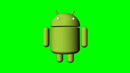 2d animated character of  green android robot walking forward, horned, white eyes, turning head, waving hands and feet, follow, search  . in green screen background chroma key.