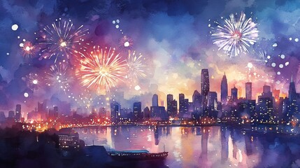 Vibrant City Fireworks in Watercolor Style