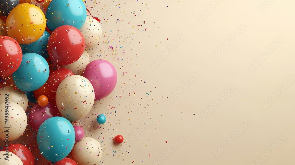 Poster a cluster of vibrant balloons with confetti scattered on a cream background. they are arranged to cr