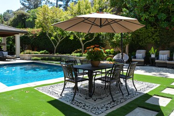 Cast Iron Patio Table and Chairs Set with Umbrella by the Pool on Artificial Grass