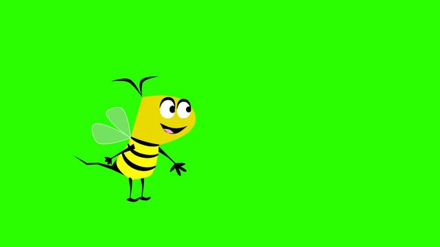 2d animated character of  flying and flapping character of talking bee in air, honey bee, wild bee, queen bee, desert forest bee, talkative. in green screen background chroma key.
