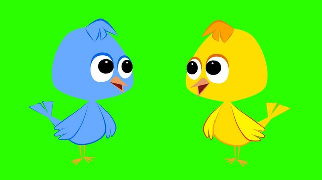 2d animated character of  Yellow blue bird couple character talking each other, sparrow, canary, nightingale, finch, swallow, hoopoe,parrot. in green screen background chroma key.