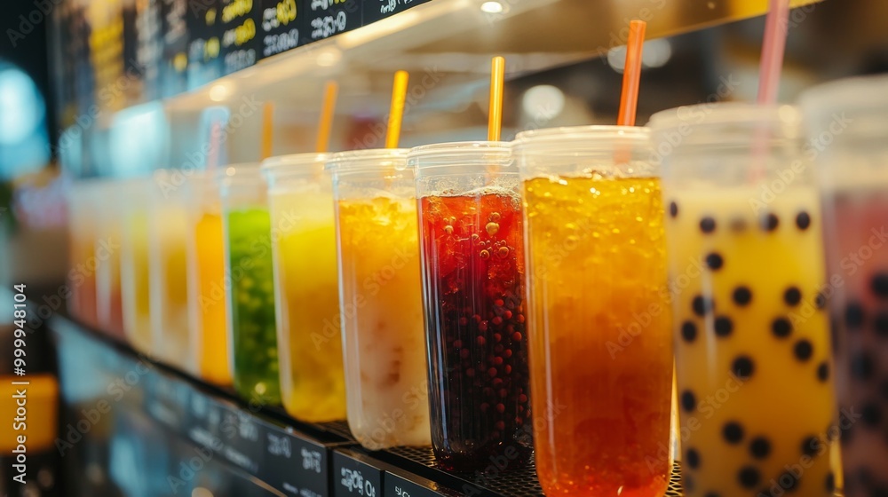 Poster A captivating shot of a bubble tea shop's colorful menu board, displaying various flavors and toppings, set against the lively backdrop of atmosphere