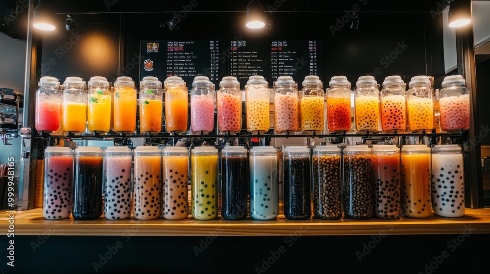 Poster A captivating shot of a bubble tea shop's colorful menu board, displaying various flavors and toppings, set against the lively backdrop of atmosphere