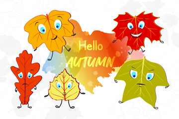 A set of colorful autumn leaves drawn in a cartoon style with different emotions. Vector illustration.