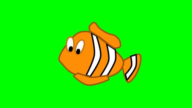 2d animated character of Finding Nemo animation, swimming and flapping orange clown fish with white lines, cute, funny, Escape from hunter. in green screen background chroma key.