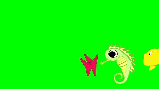 2d animated character of  Moving in order and regular group of marine aquatics to left, starfish, shrimp, seahrose, clown fish, stingray. in green screen background chroma key.