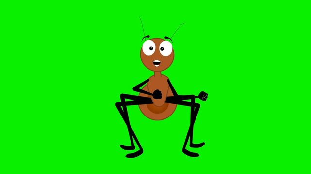2d animated character of  playful and smiling brown ant is singing and performing in theater stage, drama, dance, celebration, exercise. in green screen background chroma key.