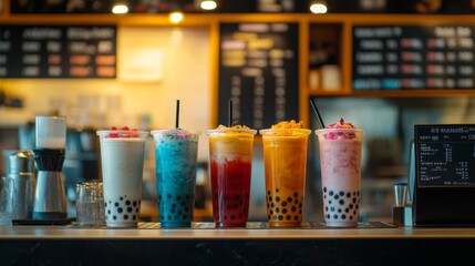 A captivating shot of a bubble tea shop's colorful menu board, displaying various flavors and toppings, set against the lively backdrop of atmosphere