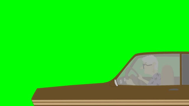 2d animated character of  old woman in brown car is driving and moving when she stops and lowers car window, but she faints or falls asleep. in green screen background chroma key.