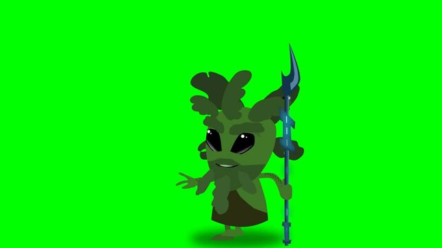2d animated character of  Early caveman or green space creature talking and chanting and making movements with a blue spear in his hand. in green screen background chroma key.