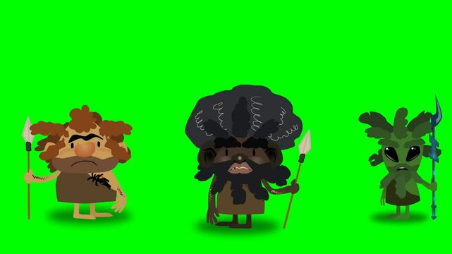 2d animated character of  Three primitive caveman characters with spears in hand talking and drawing, green space creature scares everyone. in green screen background chroma key.