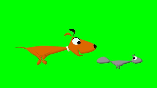 2d animated character of  Running and escaping two characters, fox, dog, cat, mouse, gray rabbit, from orange clutch, Follow each other. in green screen background chroma key.