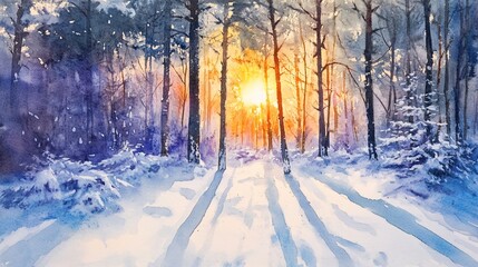 Naklejka premium Tranquil Sunrise through Snowy Trees in Watercolor