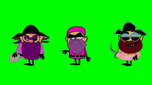 2d animated character of  conversation of three pirate characters with different looks, ship's crew, treasure map in hands of captain seas. in green screen background chroma key.
