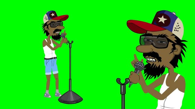 2d animated character of character of a black man standing and singing from two angles, far and close, studio, concert, show, ceremony . in green screen background chroma key.