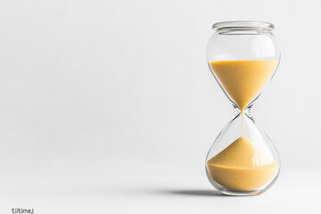A glass hourglass with sand in it is on a blue background. Concept of time passing quickly and the fleeting nature of time