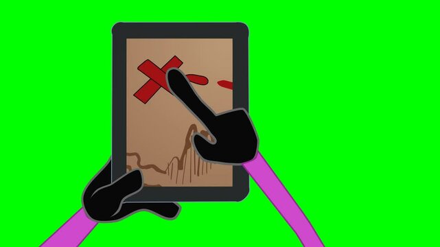 2d animated character of Showing complete map of treasure or right and wrong movement path by tablet mobile or phone, Routing, search . in green screen background chroma key.