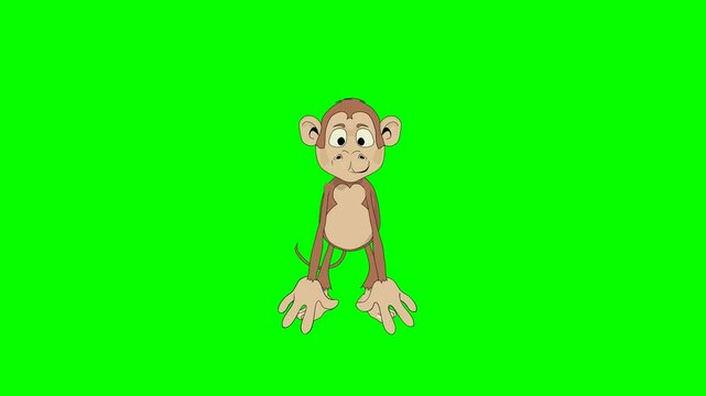 2d animated character of playful child monkey gorilla chimpanzee is jumping up down making noise when sword appears play with it . in green screen background chroma key.