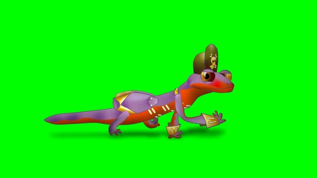 2d animated character of Running and walking and moving a red and purple lizard crocodile chameleon wearing a backpack and sailor's hat . in green screen background chroma key.