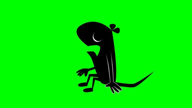2d animated character of sad depressed black mouse sitting on platform sighs yawns screams loudly, moaning, Tired of world life, crying . in green screen background chroma key.