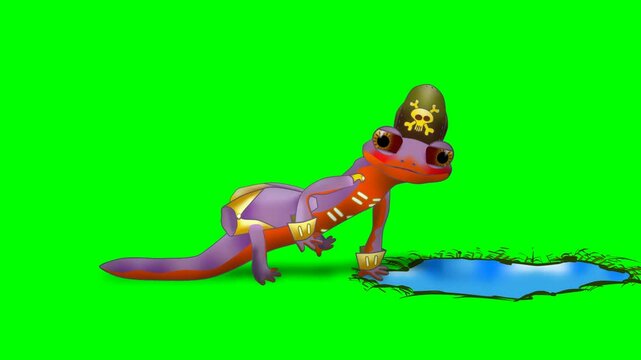 2d animated character of lizard chameleon walks slowly calmly when it reaches pond marsh lake drinks water, backpack and a sailor's hat . in green screen background chroma key.