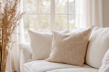 Minimalist cozy living room with neutral tones, featuring comfortable couch and soft pillows, perfect for interior design, home decor, and cozy spaces