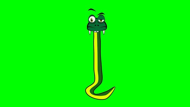 2d animated character of Blinking and pretending to be a green yellow snake, python cobra, sharp teeth, wonder, surprise, wild animal . in green screen background chroma key.