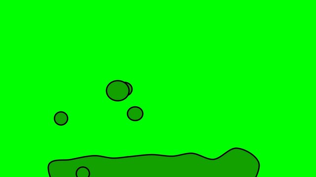 2d animated character of Boiling bubbling pouring out drops of soup green juice from inside container pot, Celsius, green tea, vomiting . in green screen background chroma key.