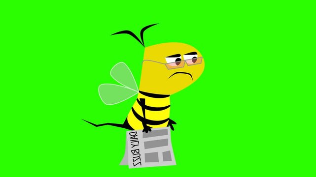2d animated character of walking flying sad and depressed yellow queen bee with newspaper glasses entering her house, daily buzz . in green screen background chroma key.