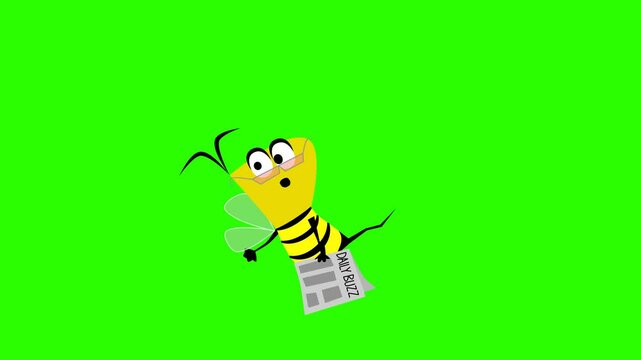 2d animated character of walking flying sad and depressed yellow queen bee with newspaper glasses entering her house, daily buzz . in green screen background chroma key.