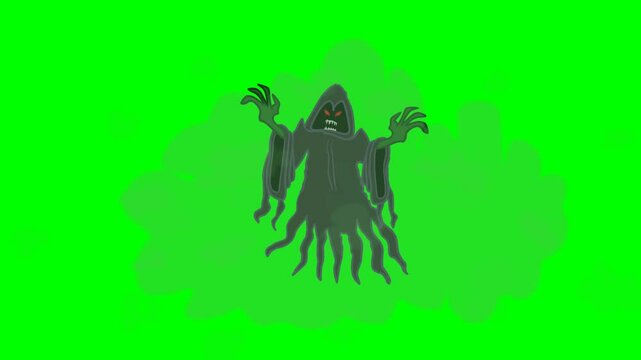 2d animated character of  A demon or a demon or a zombie or a scary spirit in the darkness of the forest or ruins. in green screen background chroma key.