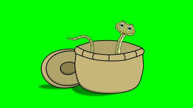 2d animated character of  A snake or a worm or a green lizard that comes out of a bowl or a wooden or wicker container and reveals itself, it intends to bite and perform a s. in green screen 