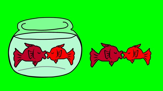 2d animated character of  Jeff's red fishes, two fishes in love, kiss each other inside or outside the pond and kiss their lips and give love hearts. in green screen background chroma key.
