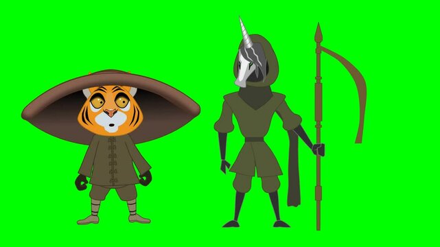 2d animated character of  A talking leopard or lion or tiger wearing a cowboy hat and battle outfit and a warrior horse standing on two legs. in green screen background chroma key.