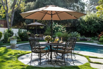 Obraz premium Luxurious Home Garden with Umbrella, Outdoor Dining, and Pool Near White Mansion