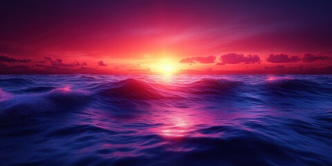 Obraz premium A vibrant and ethereal sunset casts an enchanting glow upon the rippling ocean waves, painting the sky in hues of fiery orange and deep magenta
