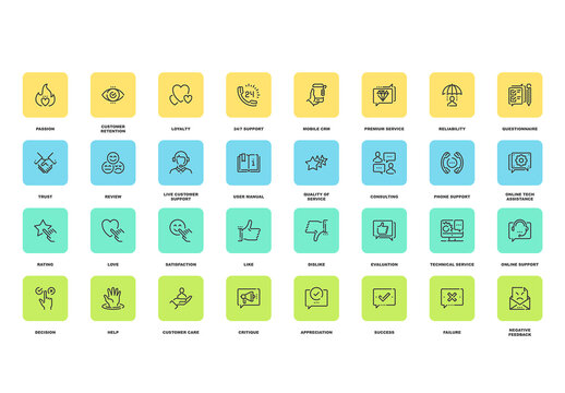 Vector set of customer relationship management flat line web icons. Each icon with adjustable strokes neatly designed on pixel perfect 48X48 size grid. Fully editable and easy to use.