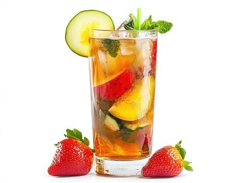 Delicious and tasty alcohol cocktail Pimms beautiful white background bar concept fruit salad strawberries amazing